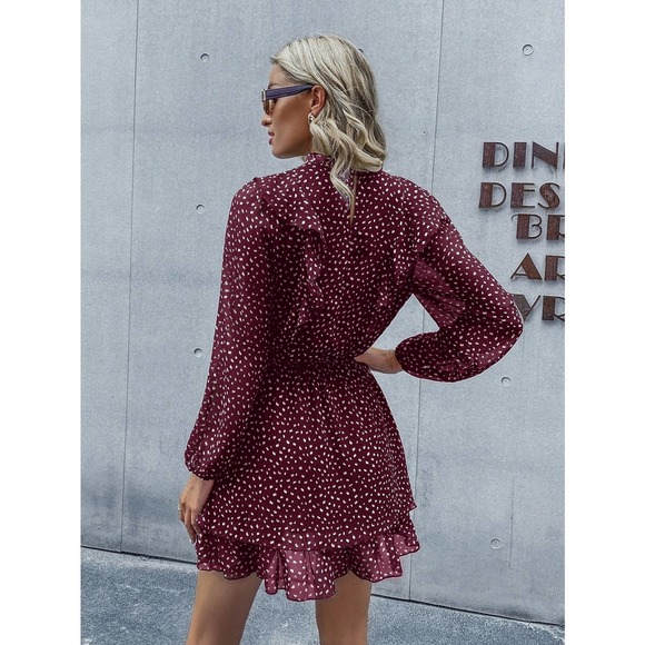 Boho long sleeve Confetti polkadot Print Keyhole Back Ruffle Trim Dress - Picture 4 of 6